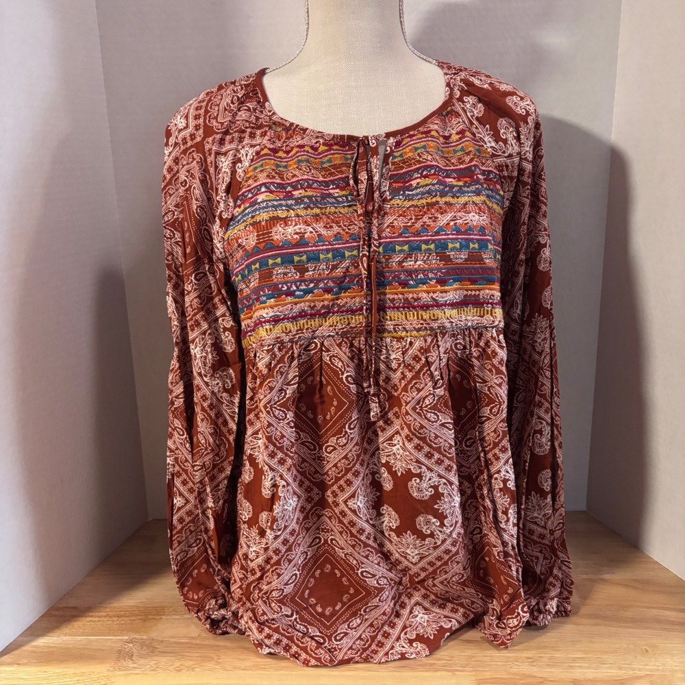 Savanna Jane Womens Long‎ Sleeve Boho Top Large New Paisley Embroidered Tunic